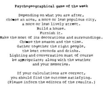Ilustrasi teks lengkap Psychogeography Game of The Week yang diterbitkan di Potlatch #1, edisi 22 Juni 1954.